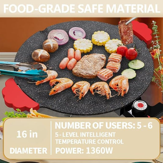16" Indoor Grills Electric Smokeless, Includes 4 Barbecue Tools, 3 Cleaning Towels, Drip Tray, Suitable for Teppanyaki and Grilling