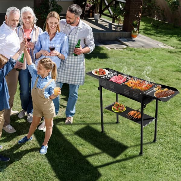 Portable Charcoal Grill, Foldable BBQ Grill with 2-in-1 Non-Stick Griddle & Carrying Bag, Large Kabob Barbecue Grill for Outdoor Camping, Garden, Backyard Party, Picnic, Stainless Steel Grill Grate