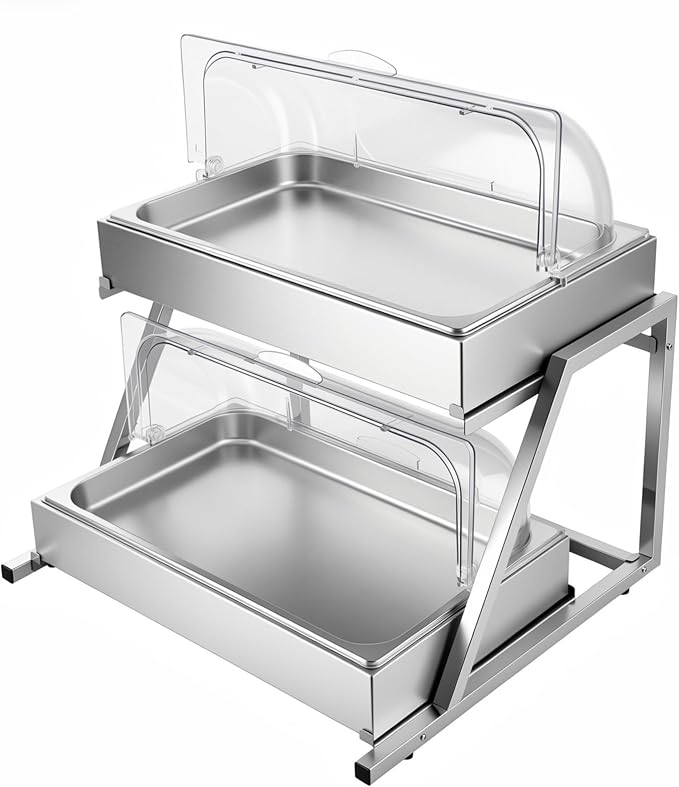 VEVOR Countertop Food Serving Display Container, 2 Tier Stainless Steel Food Salad Server Tray, Buffet Condiment Dispenser, Ice Cooled Rack with Clear Roll Top Cover, for Restaurant Hotel (1/1 Pan x2)