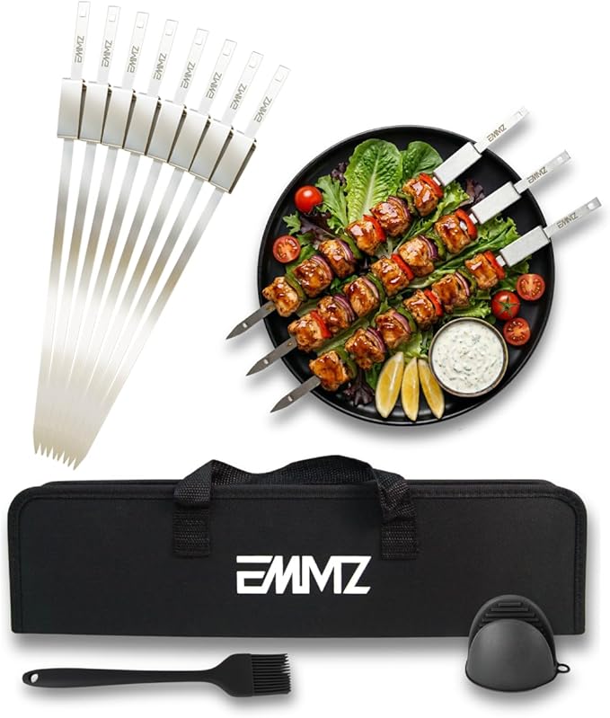 Grilling Skewer–16.5" metal skewers with removable Slider in bag(set of 8) flat skewers stainless steel skewers for BBQ-kabob Skewers for kabab Barbecue meat chicken grill shish kebab and camping
