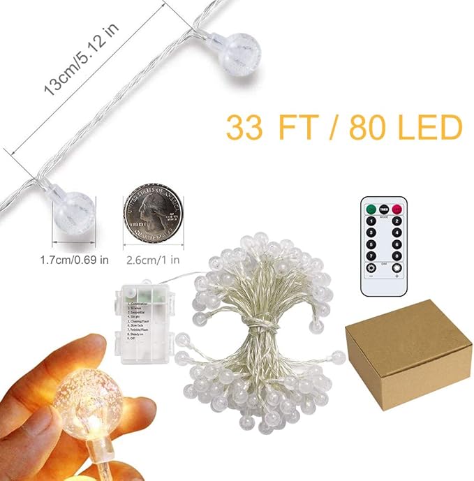 Battery Operated Globe String Lights,Water Proof 33 FT 80 LED Crystal Ball String Lights 8 Modes With Remote Control ,Indoor Outdoor LED Fairy Lights for Home, Christmas, Party Patio, Warm White