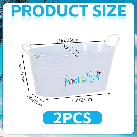2 Pack Pool Toy Storage Bucket, Metal Poolside Toy Storage Bucket with Handles, Outdoor Summer Storage Box, Above Ground Pool Bin for Goggles Towels Swimming Camping Beach Accessories Decor (White)