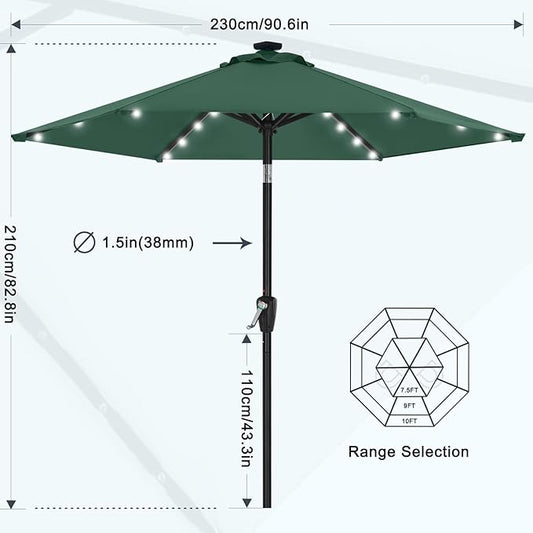 MASTERCANOPY 7.5FT 6Ribs Patio Umbrella with 32 Solar LED Lights, Outdoor Market Umbrella with Tilt & Crank, UV Protection & Fade Resistant Fabric, Easy Set-Up for Garden, Deck, Pool (Forest Green)