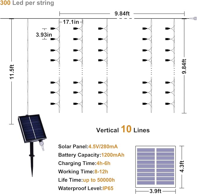 300LED Solar Curtain Lights USB & Solar Dual Powered 8 Modes Waterproof String Lights for Home Indoor Outdoor Use Garden Patio Decoration (Cold White)