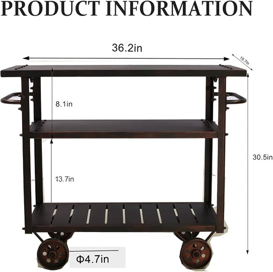Topower Industrial Bar Cart, Serving Cart with Wheels and Handle, 3-Tier Beverage All-Metal Cart with Removable Tray and Storage Shelves for Living Room Kitchen, Rustic Copper