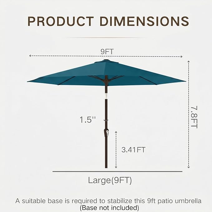 Kingdura 9FT Outdoor Patio Umbrella, Round Market Table Umbrella with Push‑Button Tilt and Crank Lift, 8 Sturdy Metal Ribs, UV50+ Protection Canopy for Backyard, Lawn, Deck, Poolside, Garden (Lake blue)