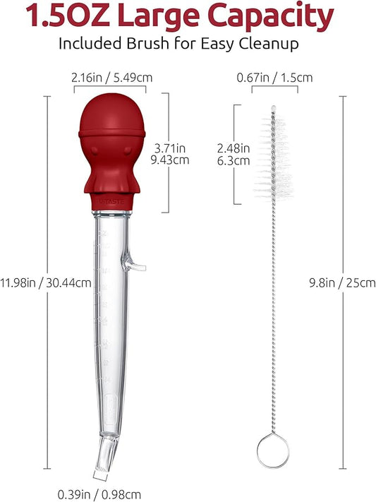 U-Taste 1.5oz Angled Turkey Baster - 228.2ยบF Heat Resistant Food Grade Tritan and Silicone Large Octopus Bulb Baster Set with Cleaning Brush for Cooking Basting Meat Poultry Beef Chicken (Red)