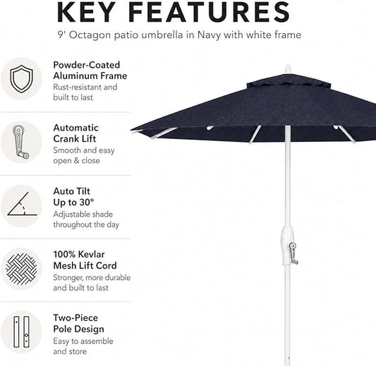 Treasure Garden 9ft Patio Umbrella - Outdoor Furniture Market Umbrella – Deluxe Auto-Tilt – White Aluminum Frame (Sunbrella, Navy)