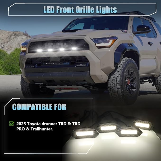 4 PCS Full LED Front Grille Lights for Toyo-ta 4runner 2025 TRD & TRD PRO & Trailhunter, White LED Grilles Clearance Light, 4Runner Accessories