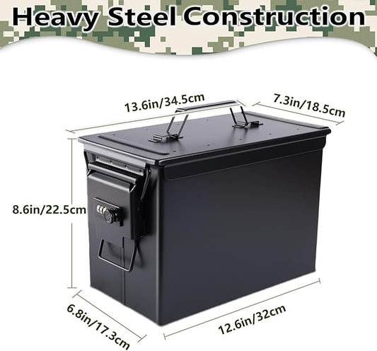 Ammo Can&Ammo Box, Fireproof & Waterproof Metal Storage Box - Perfect for Ammo, Lithium Batteries & RC Car Batteries (Round Lock, Green-13.6 * 7.3 * 8.6")