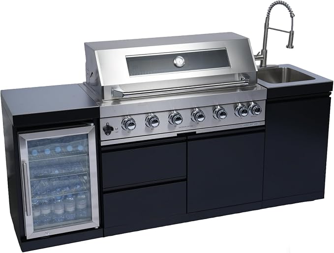 82" 6-Burner 85000 BTU Deluxe Outdoor Kitchen Island,304 Stainless Steel Modular Propane BBQ Grill Combination With Storage Cabinet, Refrigerator and Sink for Backyard (82"-Black&Sivler, Propane Gas)