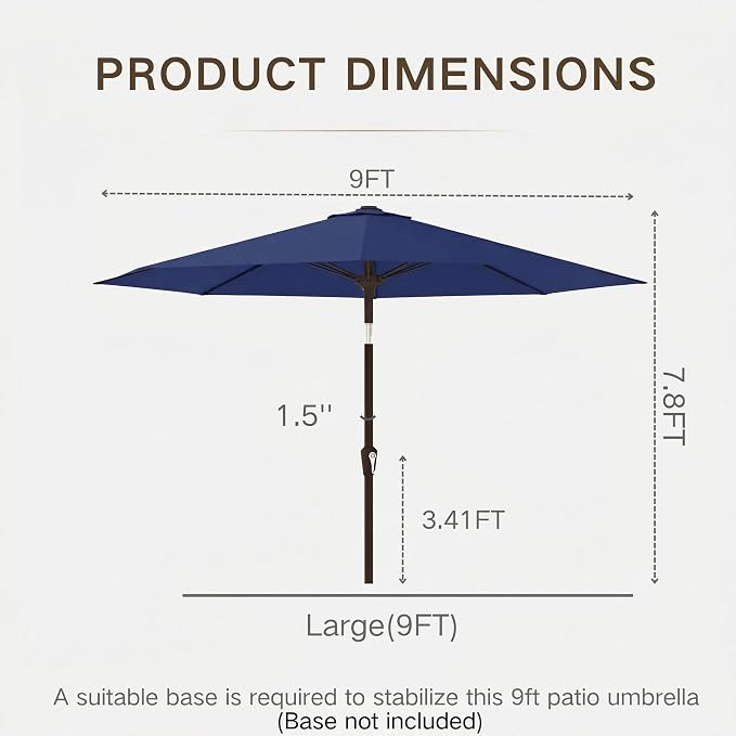 Kingdura 9FT Outdoor Patio Umbrella, Round Market Table Umbrella with Push‑Button Tilt and Crank Lift, 8 Sturdy Metal Ribs, UV50+ Protection Canopy for Backyard, Lawn, Deck, Poolside, Garden (Navy blue)