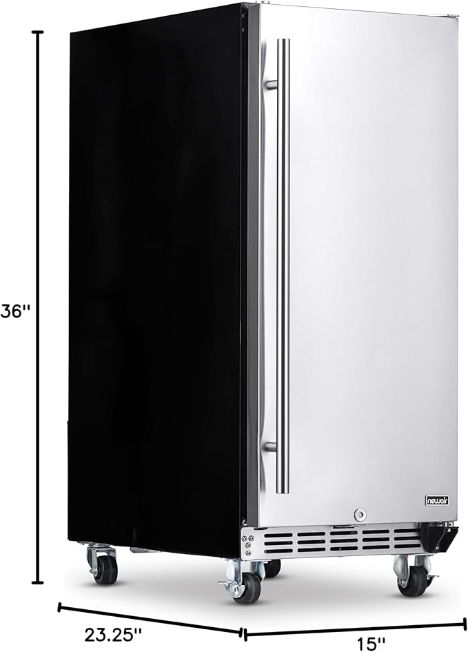 NewAir 15” Outdoor Beverage Fridge | Freestanding or Built-In Under counter Refrigerator for Outside Patio | Weatherproof Outdoor Fridge for 90 Cans with Detachable Castors | Stainless Steel