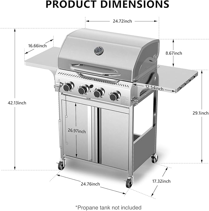 Electactic Propane Gas Grill 4 Burners, 32000 BTU Outdoor Barbecue Grill with Stainless Steel Body & Heavy-Duty 304 Grill Grates, Foldable Side Shelves & Built-in Thermometer, Portable with Wheels