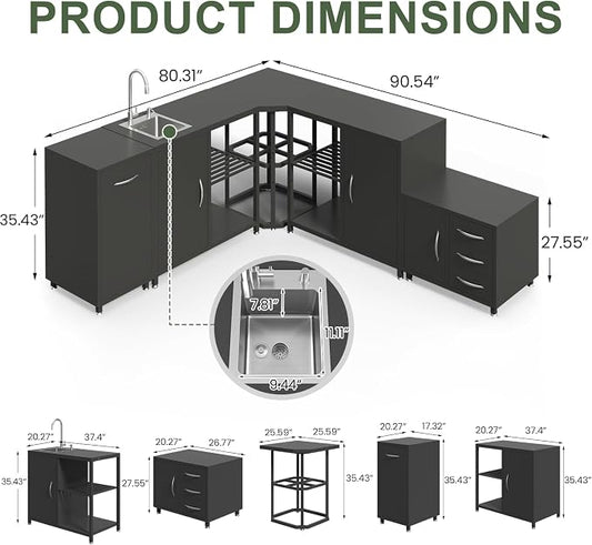 EROMMY 5-Piece Modular Outdoor Kitchen Island with Sink, Large Storage Cabinet & Shelf, Pull-Out Trash Drawer and Grill Stand, Outdoor Storage Kitchen Set for BBQ, Deck, Backyard, Black
