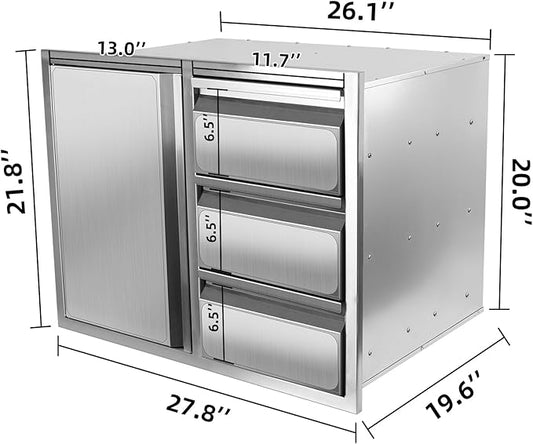 Outdoor Kitchen Drawer Combo, Stainless Steel Sealed Storage Combo with Triple Drawer, Outdoor Kitchen for BBQ Island, Grilling Station, Outside Cabinet (27.8" W x 21.8" D x 19.6" H)(Right Drawer)
