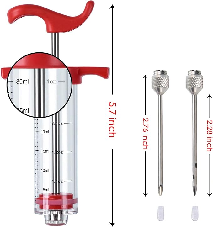 Plastic Meat Injector, Turkey Injector Syringe, Marinade Injector Turkey Injection Kit, Meat Injectors for Smoking, BBQ Grill Injector, Red 1oz (1 Injector 2 Needles)