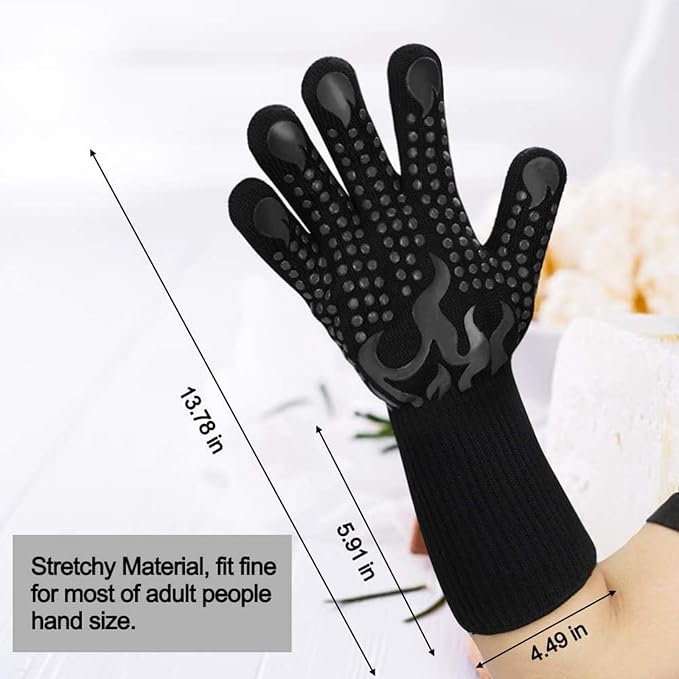 Heat Resistant BBQ Gloves, 1472°F Grilling Gloves with Silicone Non-Slip Grip, Long Cuff Oven Gloves for Barbecue, Cooking, Baking, Smoker, Fryer and Kitchen Use, 1 Pair (Black)