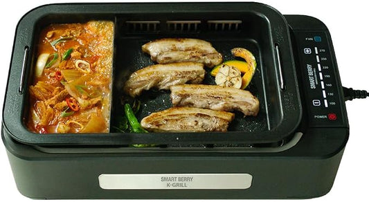 SMART BERRY 3 in 1 Smokeless Electric Indoor Grill, Nonstick Grill/Griddle Plates, Jjamjjapan, Glass Lid, Portable Korean BBQ Grill with 7-Level Control (Jjamjjapan set White)