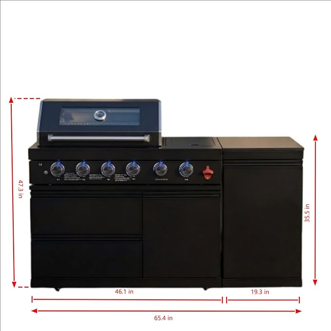 65 Inch Outdoor Kitchen Island, 4-Burner 72,000 BTU Propane Stainless Steel BBQ, Includes Round Side Burner,Marble Countertops, Ideal for Backyard BBQ
