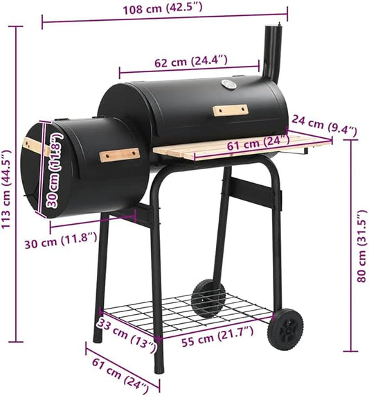 Offset Smoker BBQ Grill with Side Firebox, Charcoal Grill for Outdoor Cooking, Smoking and Grilling with Integrated Thermometer and Shelves, Black