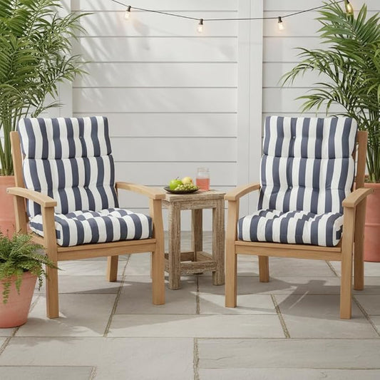 Outdoor Tufted High-Back Chair Cushions, One-Piece Hinged Seat and Back Design, Reversible with 4 Ties, Durable Polyester Fabric, Recycled Fiber Fill - Set of 2, Canopy Stripe Gray