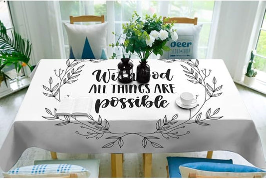 Moslion with God All Things are Possible Handwritten Letter Quote Bible Verse Floral Rectangle Tablecloth Picnic Tablecloth BBQ Table Cloths Polyester for Kitchen 52x70 Inch