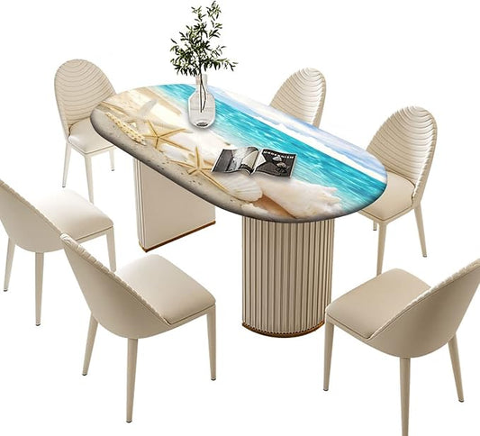 Oval Seashore with Shells Fitted Table Cover, Summer Sea Sun Beach Elastic Edged Polyester Waterproof Table Cover, for Indoor Restaurant or Outdoor Patio Party Dining, Fits Tables up to 42" W x 60" L