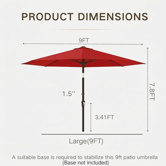 Kingdura 9FT Outdoor Patio Umbrella, Round Market Table Umbrella with Push‑Button Tilt and Crank Lift, 8 Sturdy Metal Ribs, UV50+ Protection Canopy for Backyard, Lawn, Deck, Poolside, Garden (Red)