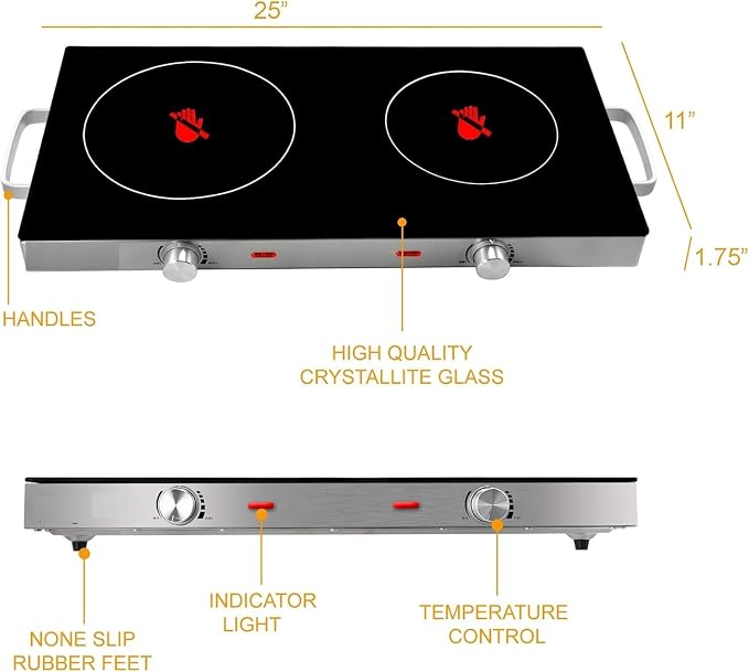 Ceramic Infrared Double Electric Cooktop – Portable Dual Burner with Glass Top, Adjustable Heat, Compact Design for Dorm, RV, or Camping