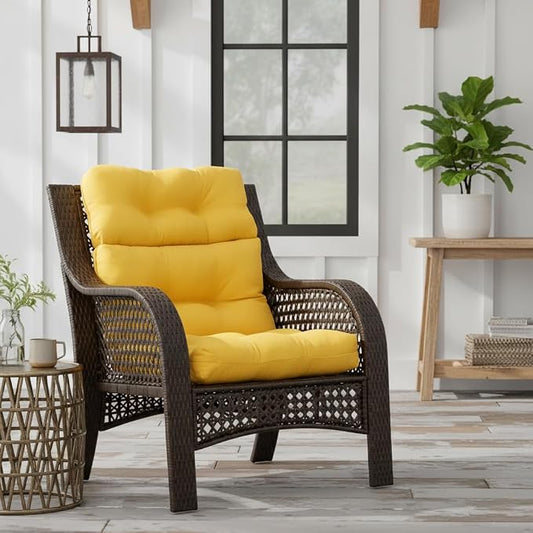 Outdoor Tufted High-Back Chair Cushions, One-Piece Hinged Seat and Back Design, Reversible with 4 Ties, Durable Polyester Fabric, Recycled Fiber Fill - Single, Sunbeam