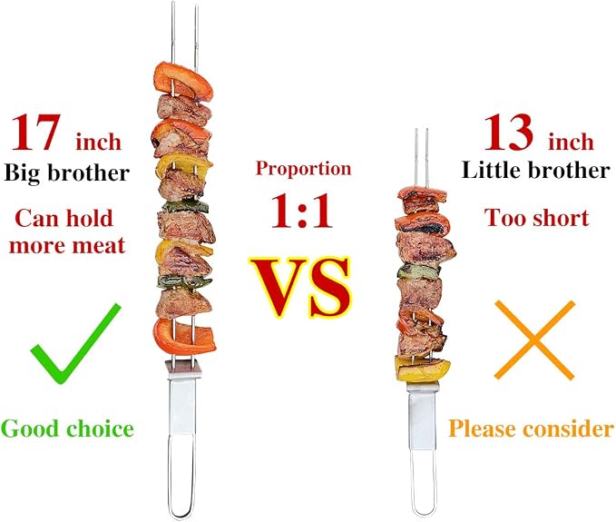 Skewers for Grilling- 17 inch (6 Pack) Double Pronged Flat Stainless Steel BBQ Skewer with Push Bar- Kabob Skewers Skewer Sticks for Camping or family - Reusable, BBQ Accessorie
