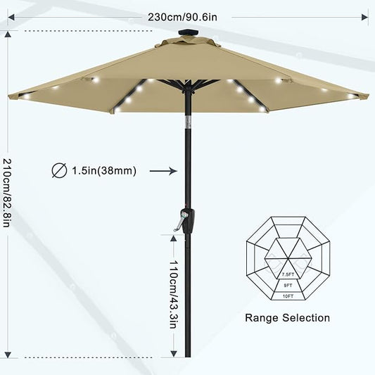 MASTERCANOPY 7.5FT 6Ribs Patio Umbrella with 32 Solar LED Lights, Outdoor Market Umbrella with Tilt & Crank, UV Protection & Fade Resistant Fabric, Easy Set-Up for Garden, Deck, Pool (Khaki)