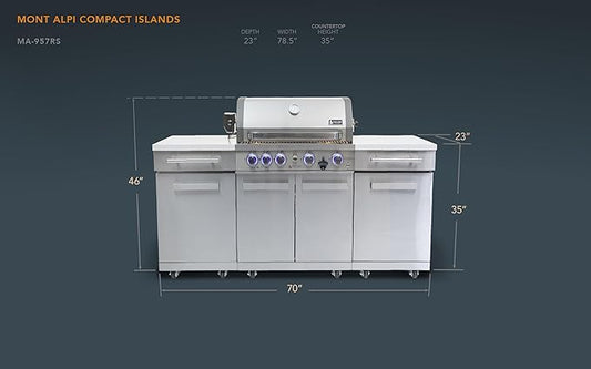 Mont Alpi Premium 70"W x 24"D x 46"H Stainless Steel Outdoor Kitchen Island with 32"W 4-Burner BBQ Grill plus Accessory Bundle - Natural Gas Conversion Kit + Dual Sided Griddle Plate + Charcoal Tray