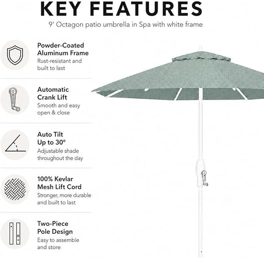 Treasure Garden 9ft Patio Umbrella - Outdoor Furniture Market Umbrella โ Deluxe Auto-Tilt โ White Aluminum Frame (Sunbrella, Spa)