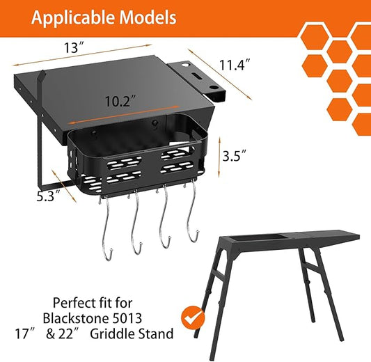 Side Shelf and Grill Caddy for Blackstone 17" & 22" Griddle Stand, Accessories With Tool Hooks, Paper Towel Holder and Spatula Holder for Blackstone 5013 Stand