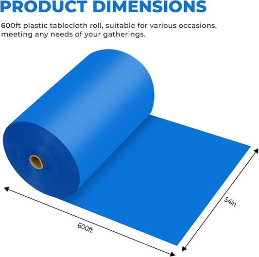 54 Inch X 600 Feet Plastic Table Cover Roll Premium Disposable Plastic Tablecloth for All Type/Shape Tables | Picnic, Party, Banquet, Birthdays, Weddings (Blue, 54 Inch X 600 Feet)