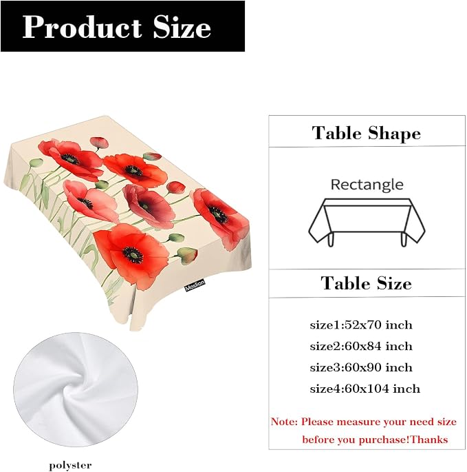 Moslion Tablecloth Red Poppy Rectangle Tablecloth for Picnic Kitchen BBQ 60x104 Inch