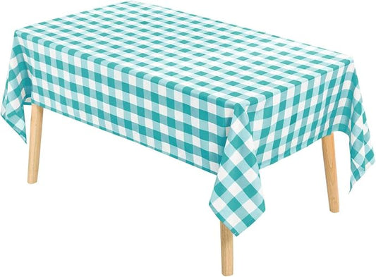 Hiasan Checkered Tablecloth Rectangle, 70 x 140 Inch - Waterproof and Wrinkle Resistant Table Cloth for Picnic, Dinner and Party, Washable Polyester Fabric, Aqua and White Gingham Pattern