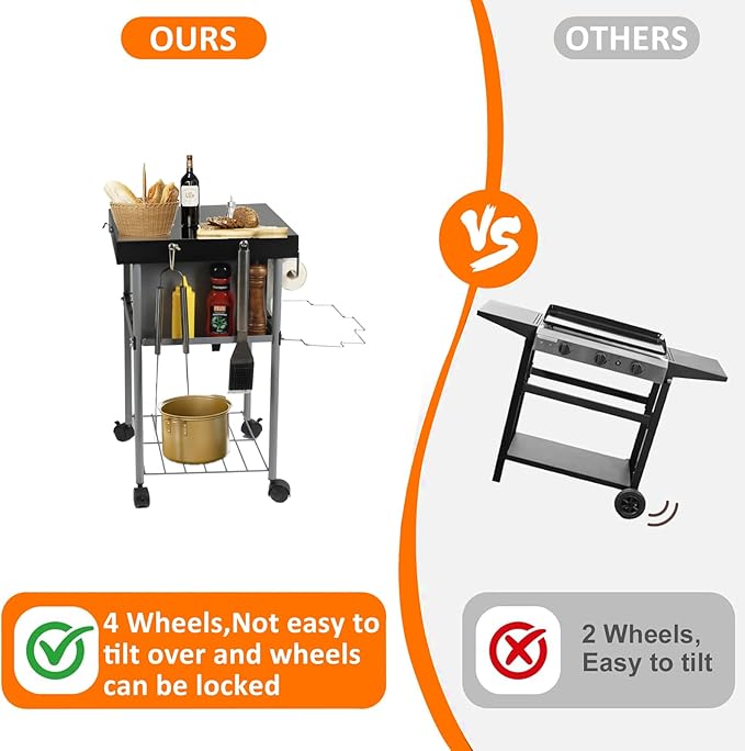 Rolling Grill Side Table Cart for 18"/22" Weber Charcoal Kettle Grills - Outdoor Prep Stand with Wheels, Mesh Storage Racks for Backyard BBQ, Camping, Parties