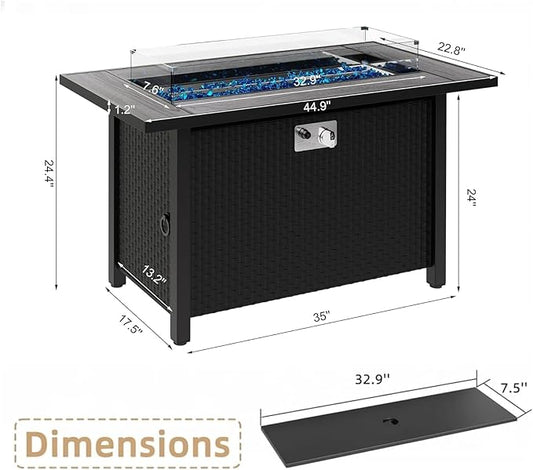 45 Inch Propane Fire Pit Table, 50,000 BTU Outdoor Gas Fire Pit for Patio & Backyard, 2-in-1 Firepit Dining Table with Glass Wind Guard, Blue Glass Rocks & Waterproof Cover