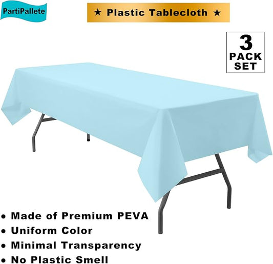 3-Pack Premium Plastic Light Sky Blue Tablecloth Disposable 54" x 108" Rectangle Table Cover Party Baby Pale Blue Table Cloths for Parties Birthdays Weddings Baby Shower Picnic Events