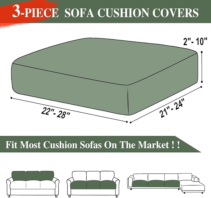 LA MEACK Couch Cushion Covers Seat Cushion Cover Stretch Couch Cover Separate Sectional Sofa Slipcovers Furniture Protector(3 Pieces for Seat or Sofa Backrest, Green)