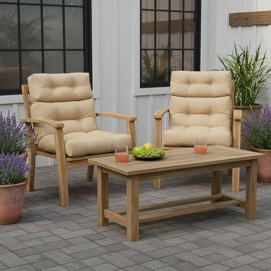 Outdoor Tufted High-Back Chair Cushions, One-Piece Hinged Seat and Back Design, Reversible with 4 Ties, Durable Polyester Fabric, Recycled Fiber Fill - Set of 2, Stone