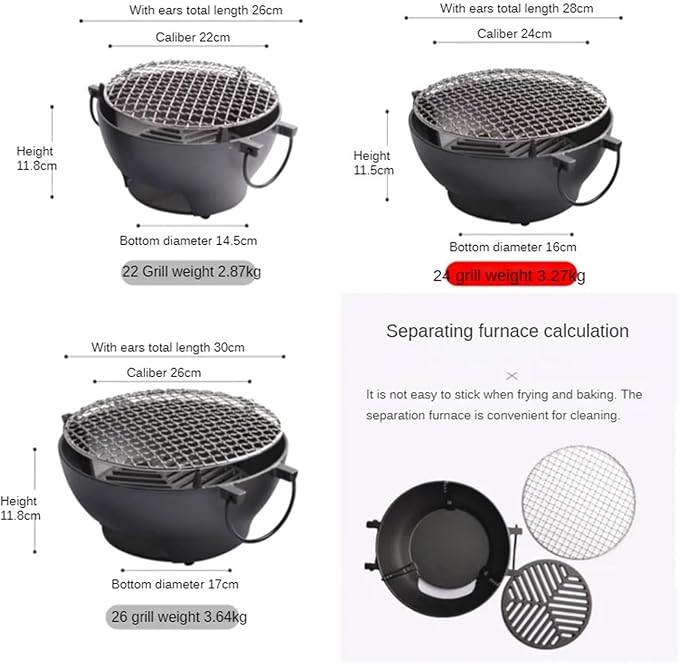 Cast Iron Grill Round Small Portable Korean Style Charcoal Barbecue For Outdoor Tabletop Camping BBQ Make Tea(24cm)