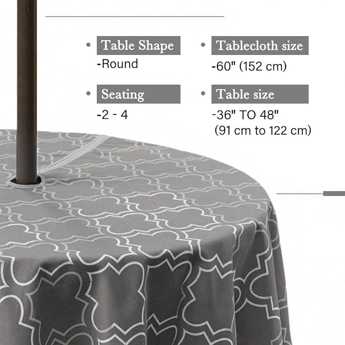 Lamberia 60" Round Patio Tablecloth with Umbrella Hole and Zipper, Waterproof Outdoor Table Cover for Patio, Backyard, BBQ, Picnic & Indoor Dining, Washable Polyester Circular Tablecloth