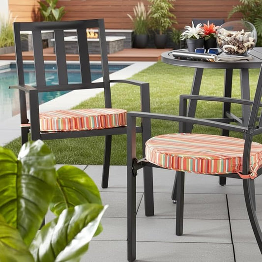 Set of 2 Outdoor 18 inch Round Patio Dining Chair Pads – Comfortable Fiber-Filled Seat Cushions with Ties, Reversible Polyester Fabric - Watermelon Stripe