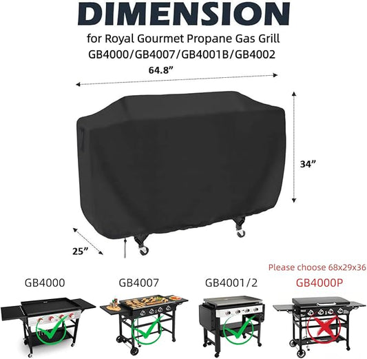 Flat Top Grill Cover for Royal Goumet GB4000/GB4007/GB4001B/GB4002 2018-2024 Propane Gas Grill, Waterproof 36 Inch Griddle Cover for Char-Griller Flat Iron 4-Burner Grill -64.8 x 25 x 34