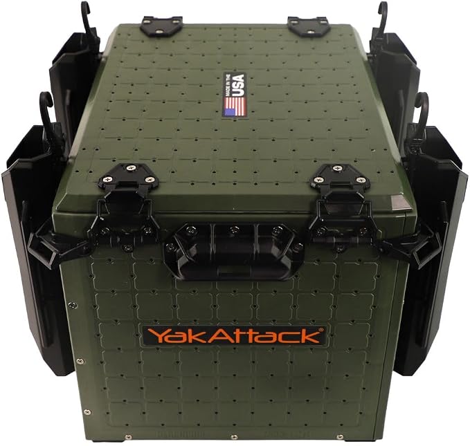 YakAttack BlackPak Pro Kayak Fishing Crate - Ranger Green | 13" x 16" Riggable Kayak Gear Storage System with Hinged Lid, GridLoc Mount Panels & 4 TetherTube Rod Holders | Lightweight Tankwell Crate