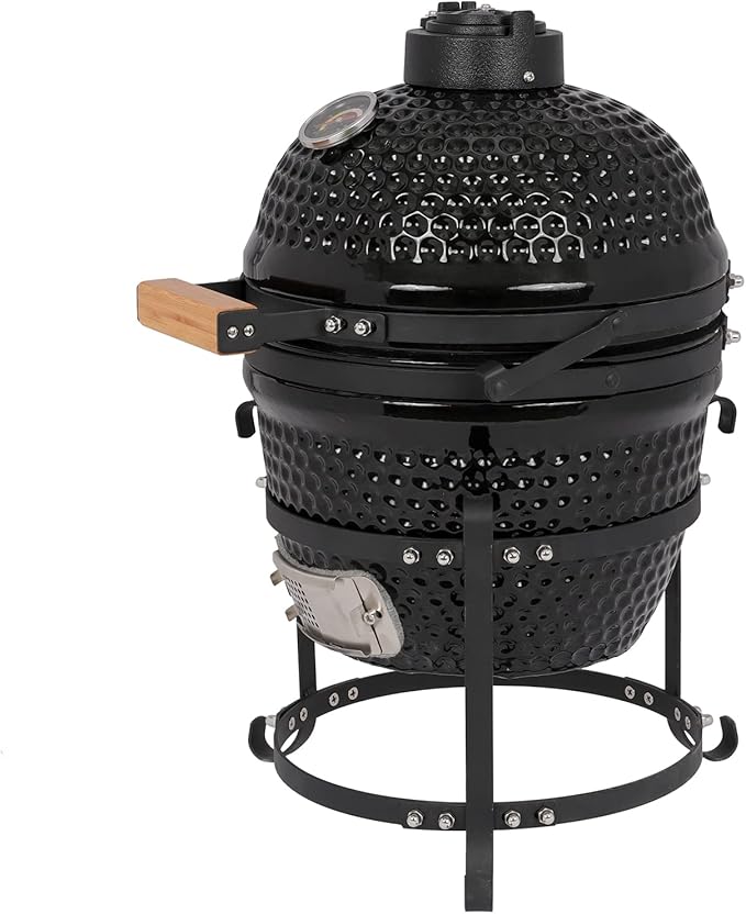 Portable Ceramic Charcoal Grill,13 Inch Outdoor BBQ Egg Grills with Built-in Thermometer, Multifunctional Ceramic Barbecue Grill, Egg Outdoor Kitchen Style (Black)